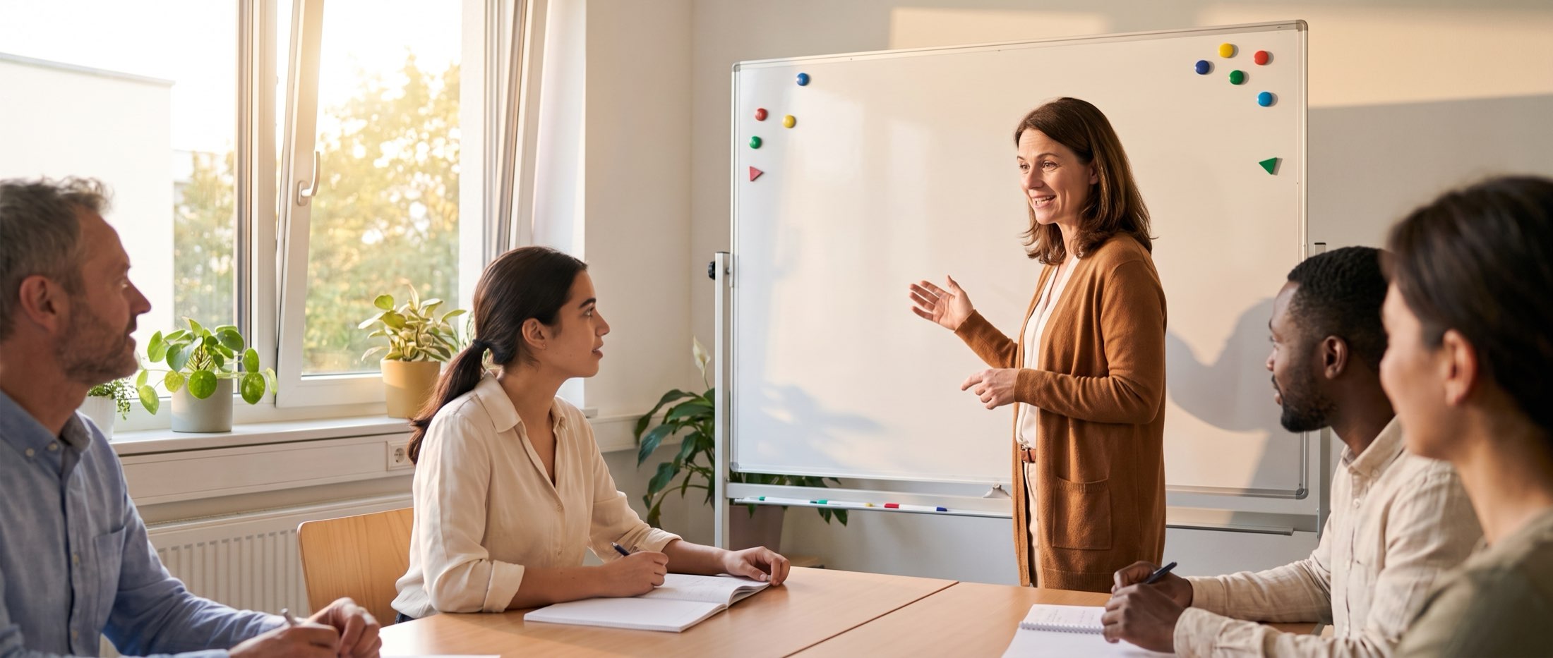 Sprachunterricht im hellen Klassenraum: Teilnehmende lernen Deutsch für die Pflege.